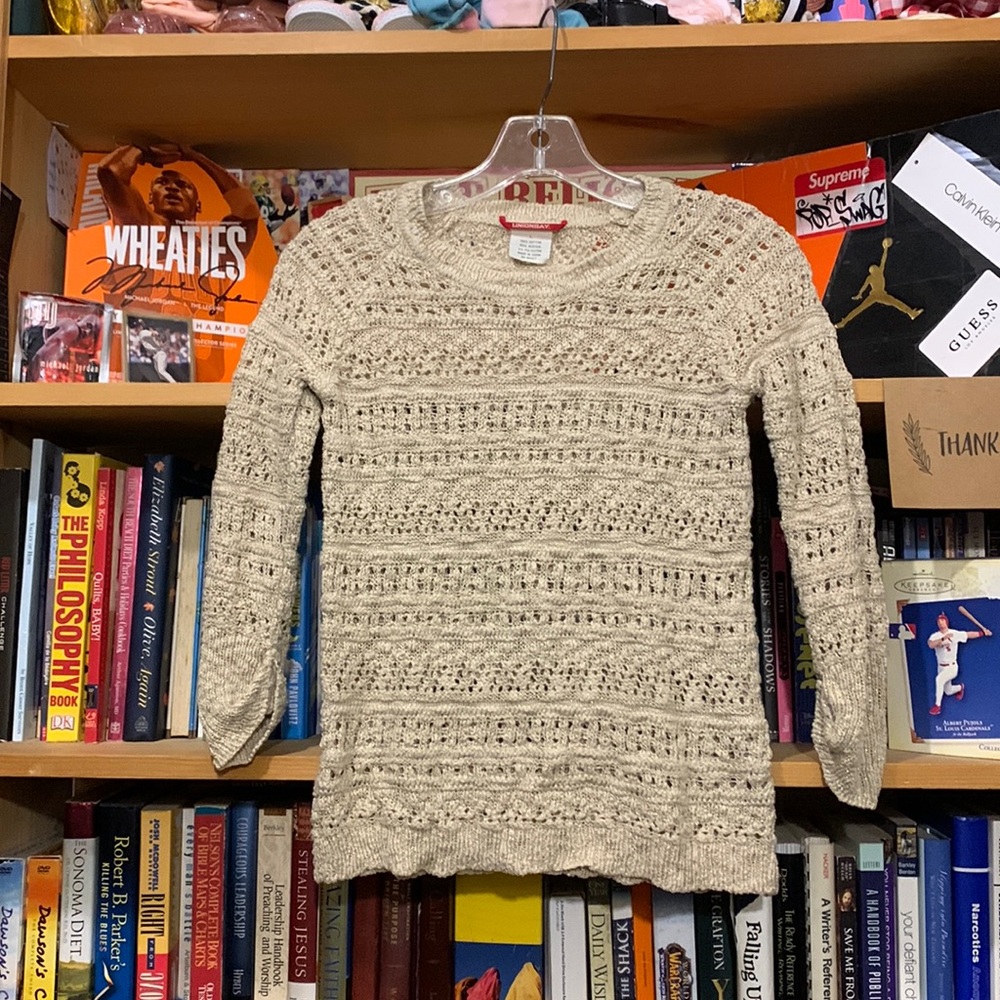 UNIONBAY-girl’s beige/gold long sleeve crewneck knit sweater